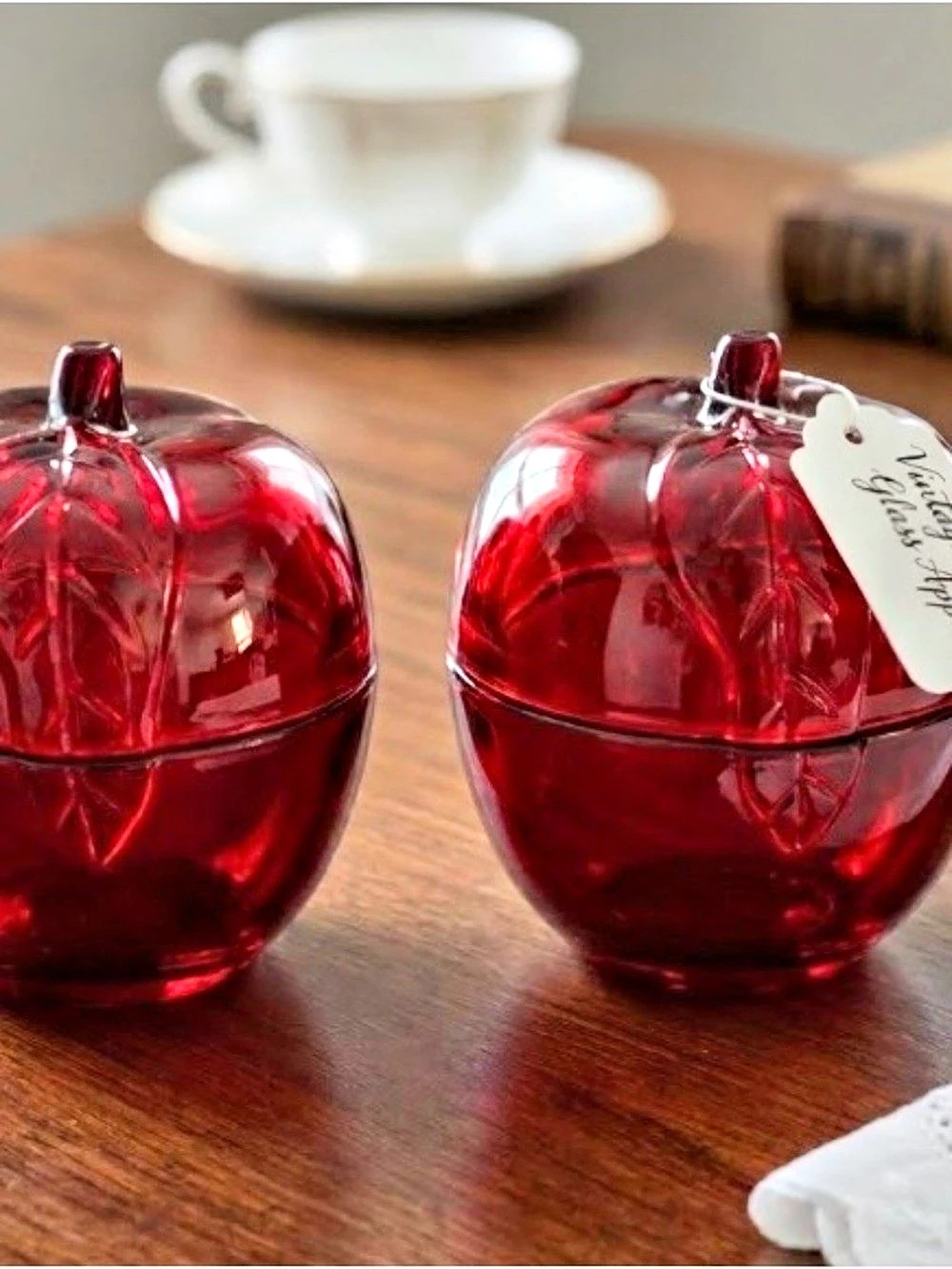 PartyLite Apple-Shaped Red Glass Candle Holders Set of 2